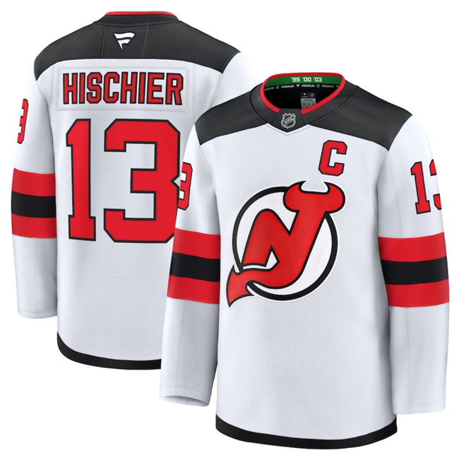 Men's White New Jersey Devils #13 Nico Hischier 2024-25 Away Stitched Hockey Jersey